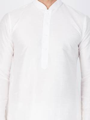 Men White Cotton Silk Kurta And Pyjama Set 2