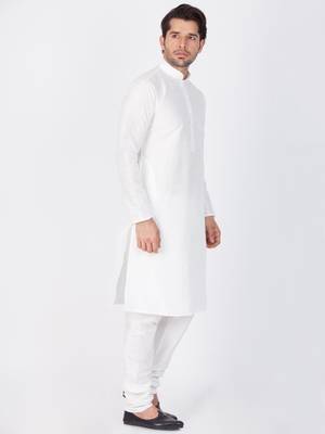 Men White Cotton Silk Kurta And Pyjama Set 3