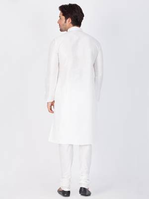 Men White Cotton Silk Kurta And Pyjama Set 4