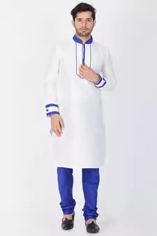 Men White Cotton Silk Kurta And Pyjama Set