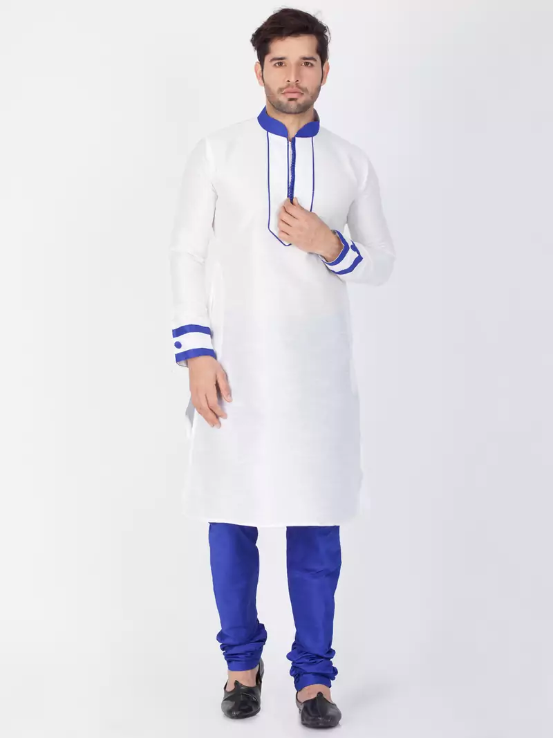 Men White Cotton Silk Kurta And Pyjama Set