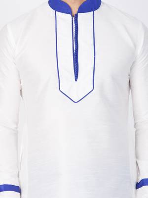 Men White Cotton Silk Kurta And Pyjama Set 2