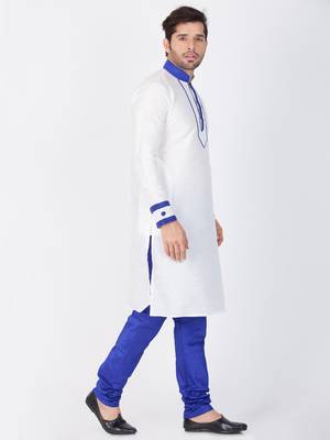 Men White Cotton Silk Kurta And Pyjama Set 3