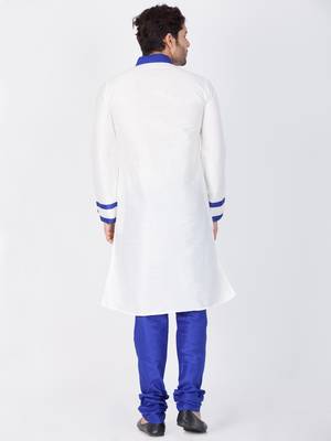Men White Cotton Silk Kurta And Pyjama Set 4