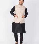 Men Black Cotton Silk Kurta Modi Jacket And Pyjama Set