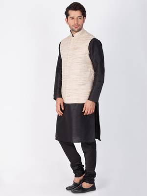 Men Black Cotton Silk Kurta Modi Jacket And Pyjama Set 2
