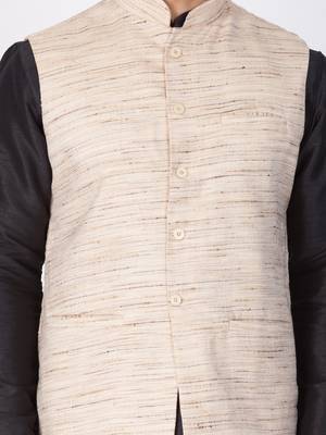 Men Black Cotton Silk Kurta Modi Jacket And Pyjama Set 3