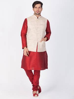Men Maroon Cotton Silk Kurta Modi Jacket And Pyjama Set 1