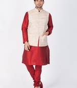 Men Maroon Cotton Silk Kurta Modi Jacket And Pyjama Set