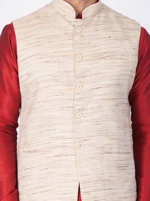 Men Maroon Cotton Silk Kurta Modi Jacket And Pyjama Set 2