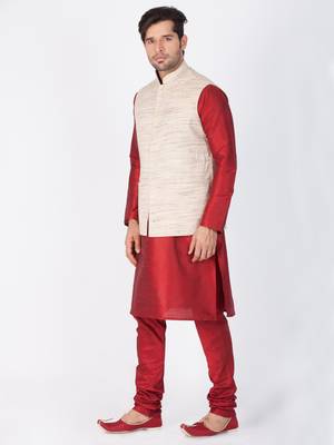 Men Maroon Cotton Silk Kurta Modi Jacket And Pyjama Set 3