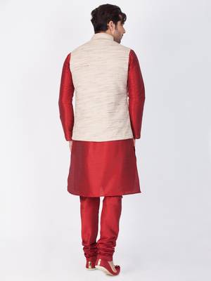 Men Maroon Cotton Silk Kurta Modi Jacket And Pyjama Set 4