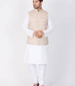 Men White Cotton Kurta Modi Jacket And Pyjama Set