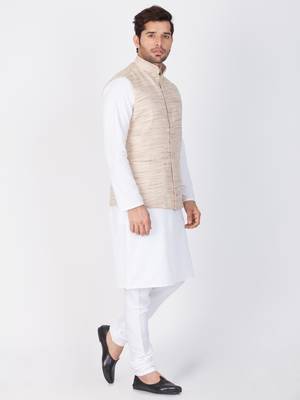 Men White Cotton Kurta Modi Jacket And Pyjama Set 3