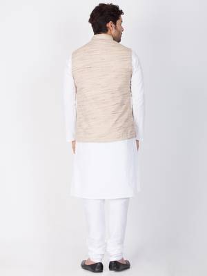Men White Cotton Kurta Modi Jacket And Pyjama Set 4