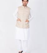 Men White Cotton Kurta Modi Jacket And Pyjama Set