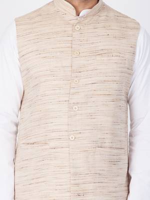 Men White Cotton Kurta Modi Jacket And Pyjama Set 2