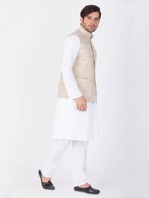 Men White Cotton Kurta Modi Jacket And Pyjama Set 3