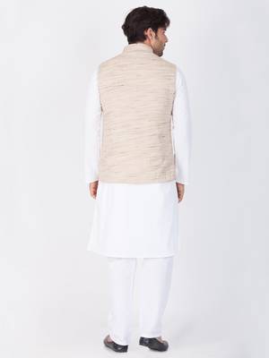 Men White Cotton Kurta Modi Jacket And Pyjama Set 4