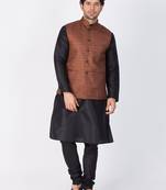 Men Black Cotton Silk Kurta Modi Jacket And Pyjama Set