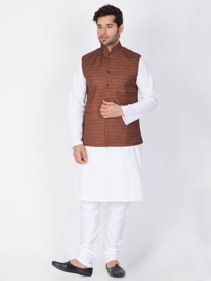 Men White Cotton Kurta Modi Jacket And Pyjama Set 1