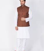Men White Cotton Kurta Modi Jacket And Pyjama Set