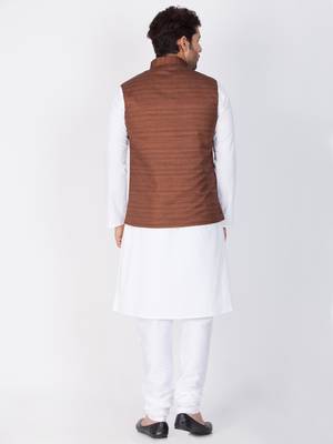 Men White Cotton Kurta Modi Jacket And Pyjama Set 2
