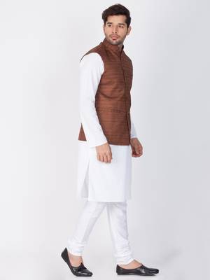 Men White Cotton Kurta Modi Jacket And Pyjama Set 3