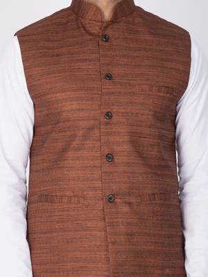 Men White Cotton Kurta Modi Jacket And Pyjama Set 4