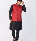 Men Black Cotton Silk Kurta Modi Jacket And Pyjama Set
