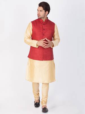 Men Gold Cotton Silk Kurta Modi Jacket And Pyjama Set 1