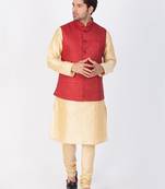 Men Gold Cotton Silk Kurta Modi Jacket And Pyjama Set