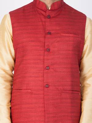 Men Gold Cotton Silk Kurta Modi Jacket And Pyjama Set 2