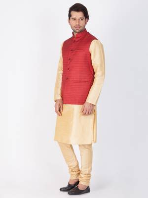 Men Gold Cotton Silk Kurta Modi Jacket And Pyjama Set 3