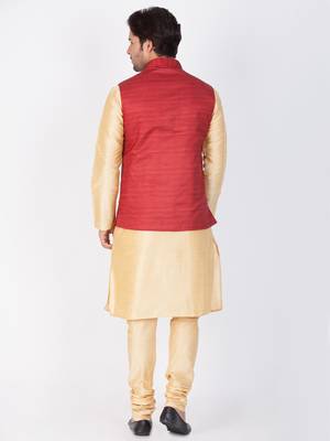 Men Gold Cotton Silk Kurta Modi Jacket And Pyjama Set 4