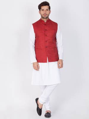 Men White Cotton Kurta Modi Jacket And Pyjama Set 1