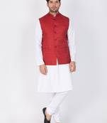 Men White Cotton Kurta Modi Jacket And Pyjama Set