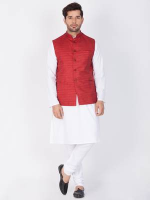 Men White Cotton Kurta Modi Jacket And Pyjama Set 2