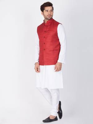 Men White Cotton Kurta Modi Jacket And Pyjama Set 3