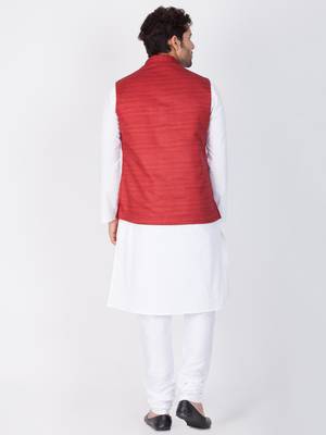 Men White Cotton Kurta Modi Jacket And Pyjama Set 4