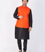 Men Black Cotton Silk Kurta Modi Jacket And Pyjama Set