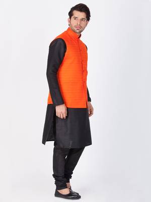 Men Black Cotton Silk Kurta Modi Jacket And Pyjama Set 2