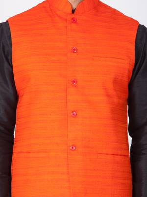 Men Black Cotton Silk Kurta Modi Jacket And Pyjama Set 3