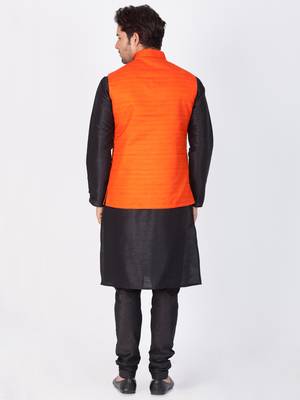 Men Black Cotton Silk Kurta Modi Jacket And Pyjama Set 4