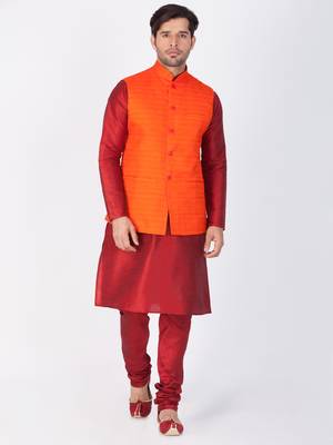 Men Maroon Cotton Silk Kurta Modi Jacket And Pyjama Set 1