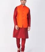 Men Maroon Cotton Silk Kurta Modi Jacket And Pyjama Set