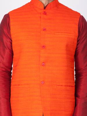 Men Maroon Cotton Silk Kurta Modi Jacket And Pyjama Set 2