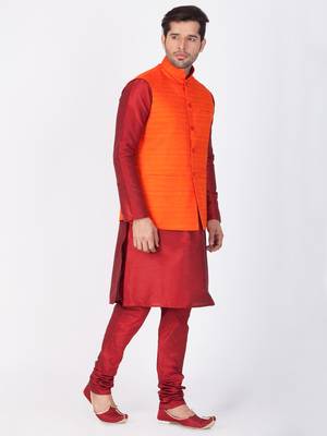 Men Maroon Cotton Silk Kurta Modi Jacket And Pyjama Set 3