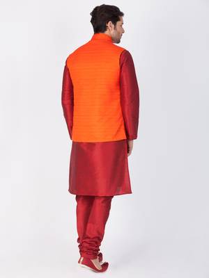Men Maroon Cotton Silk Kurta Modi Jacket And Pyjama Set 4