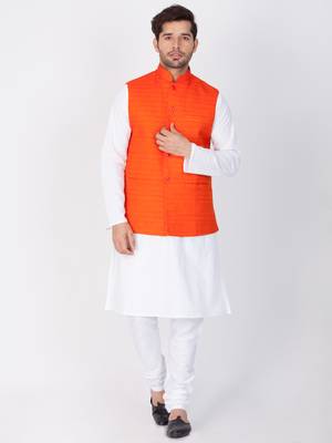 Men White Cotton Kurta Modi Jacket And Pyjama Set 1